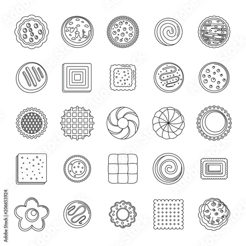 Cookies biscuit icons set. Outline illustration of 25 cookies biscuit vector icons for web