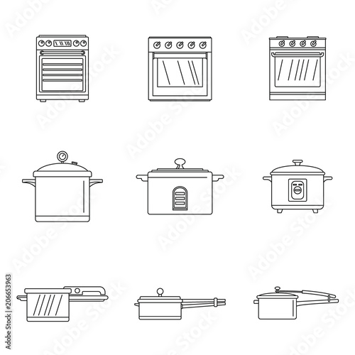 Cooker oven stove pan burner icons set. Outline illustration of 9 cooker oven stove pan burner vector icons for web