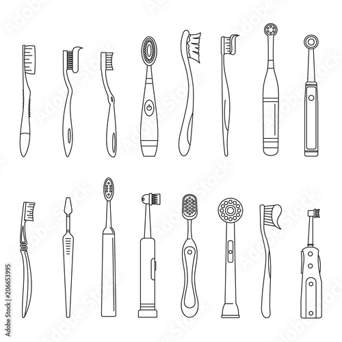 Toothbrush dental icons set. Outline illustration of 16 toothbrush dental icons for web