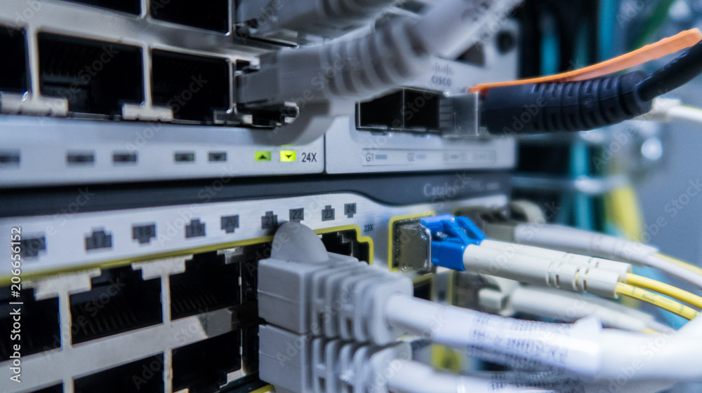 Network cables connected to switch. network hub. 
