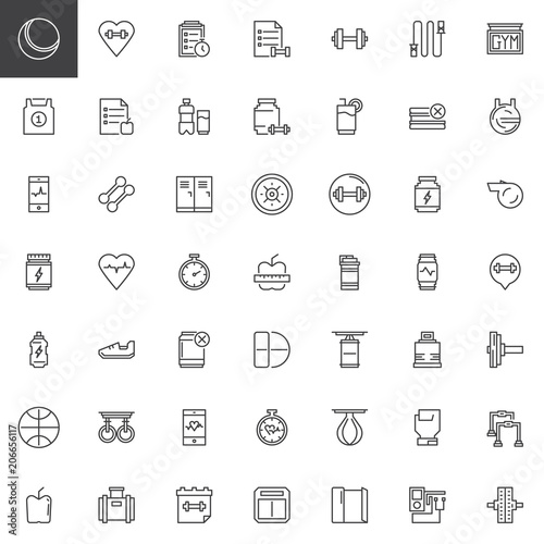 Fitness equipment outline icons set. linear style symbols collection, line signs pack. vector graphics. Set includes icons as Ball, Checklist, Planning, Proteins Drink, Smartphone, Dumbbell, Lockers