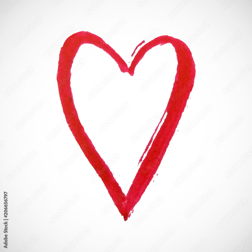 Red heart on white background. Hand-drawn painted heart for t-shirt print, flyer, poster design. Vector illustration.
