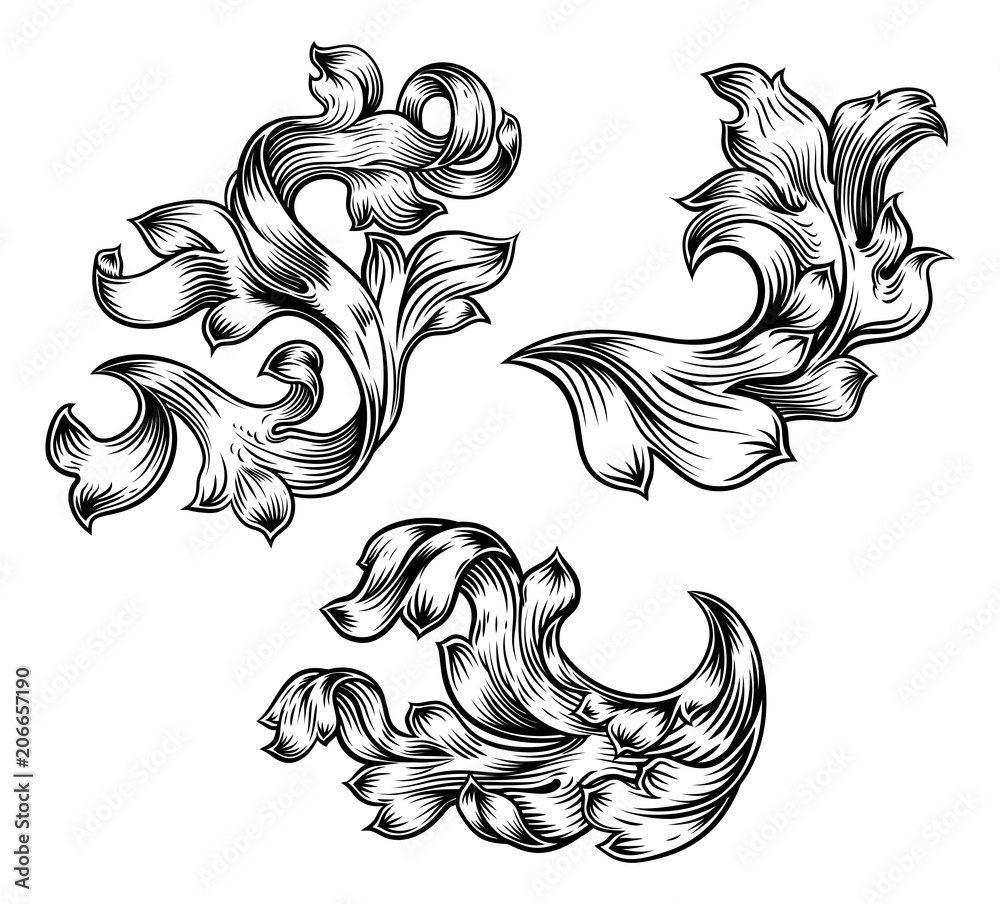 Fototapeta premium Floral Filigree Pattern Scroll Heraldry Design Set