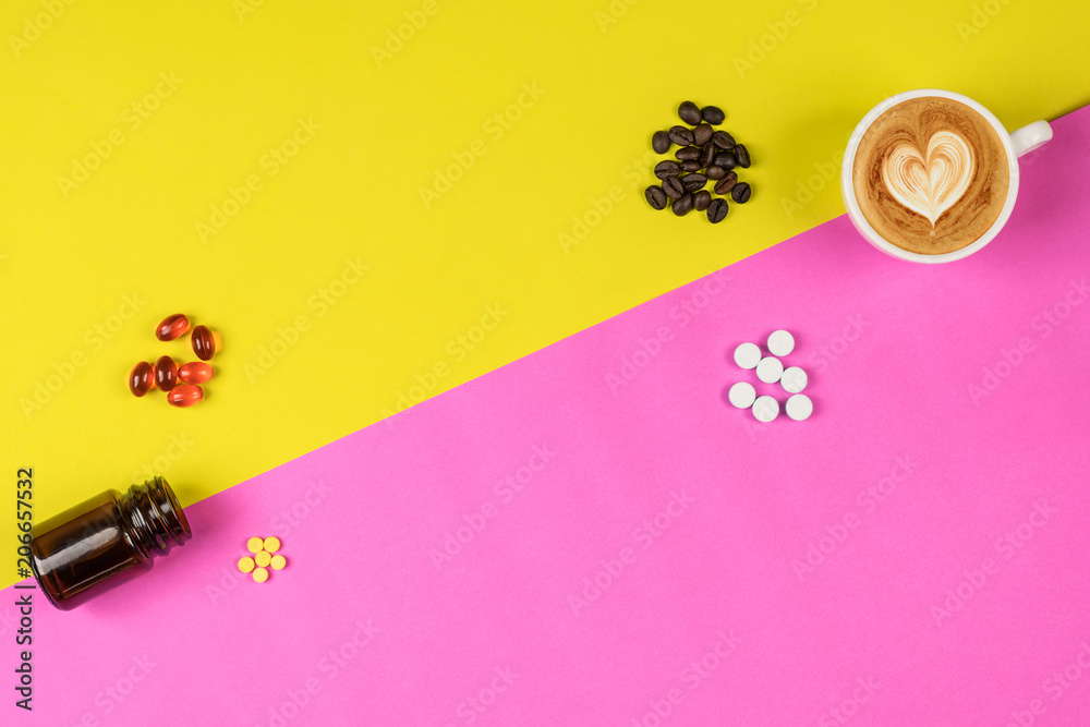 top view concept pill supplemeants coffee bean capuchino on yellow pig background top view concept pill supplemeants coffee bean capuchino on yellow pig background