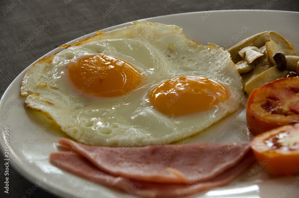 American Blackfast with fried egg.close up egg American Blackfast with fried egg.close up egg
