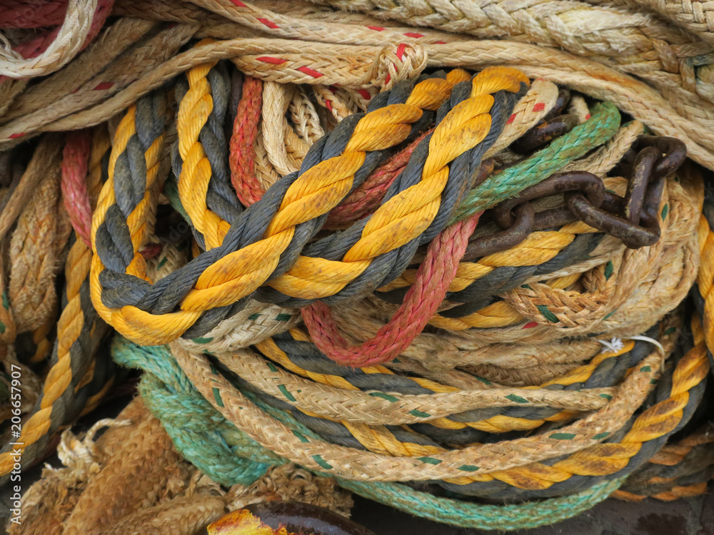 multicolored bunch of ropes and fishing nets detail