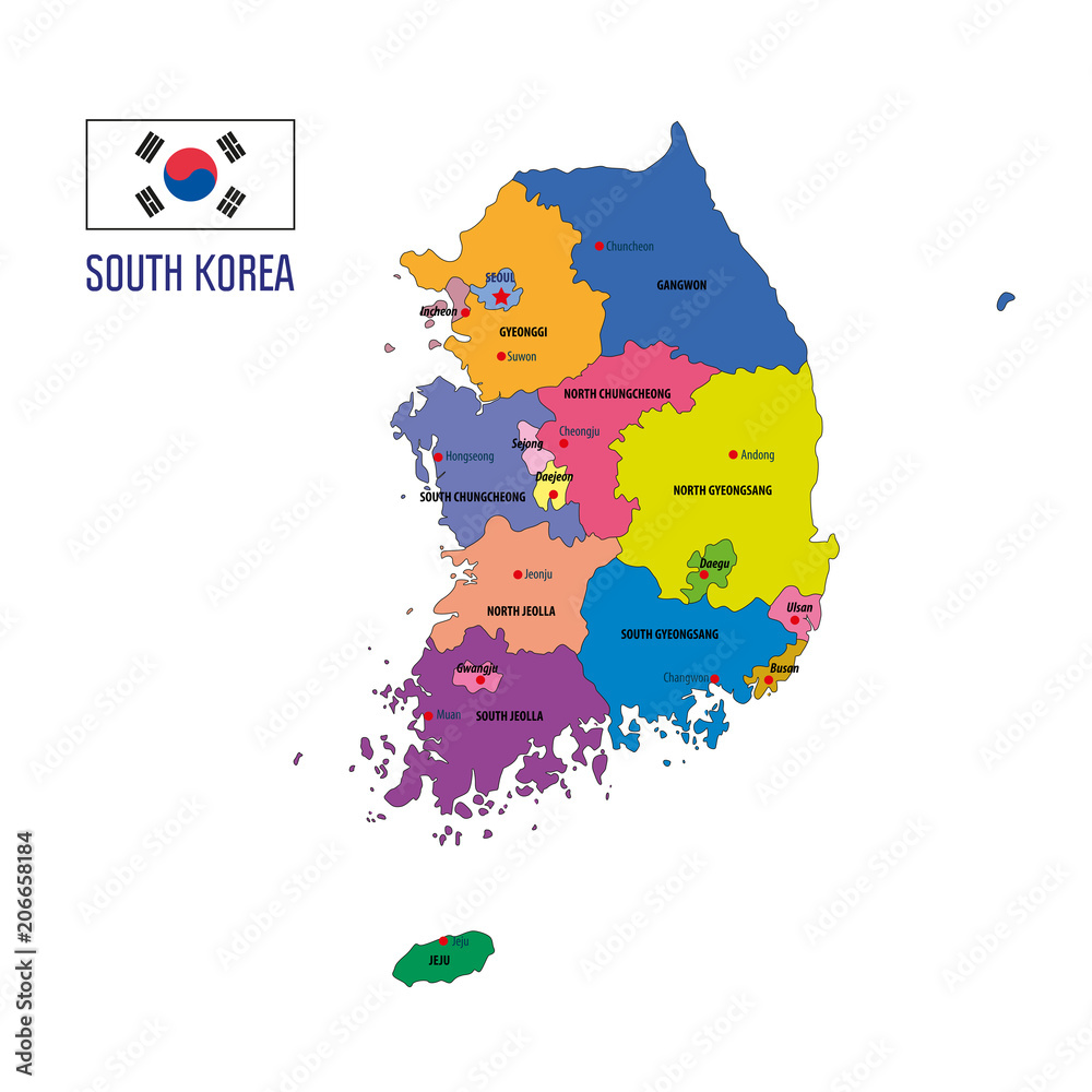 Obraz premium Shouth Korea map with regions and their capitals