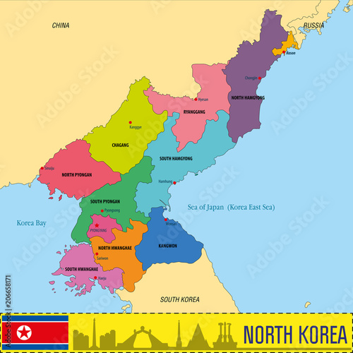 North Korea map with regions and their capitals