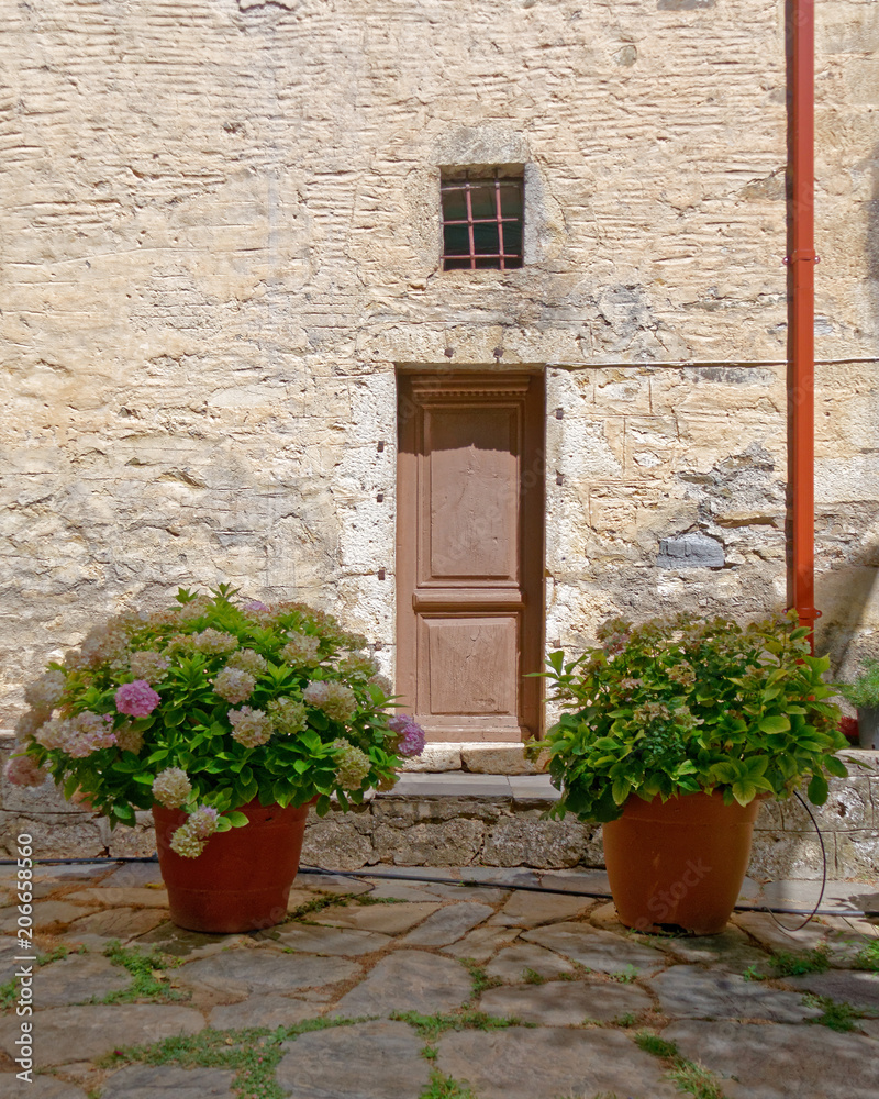 mediterranean vintage house facade and flowerpots