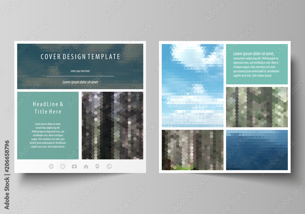 Templates for square design brochure, magazine, flyer, booklet or annual report. Leaflet cover, abstract vector layout. Colorful background, travel business, natural landscape in polygonal style.