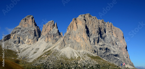 Langkofelgruppe am Sellajoch in den Dolomiten, Suedtirol, Italien