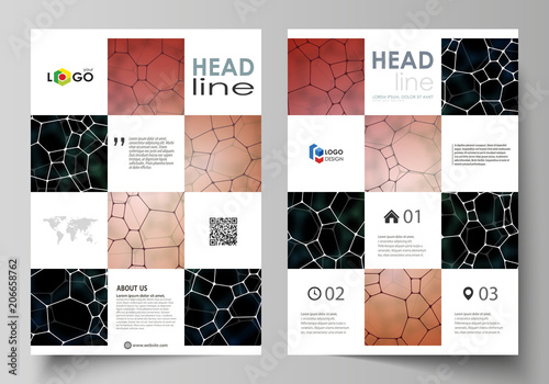 Business templates for brochure, flyer, report. Cover design template, vector layout in A4 size. Chemistry pattern, molecular texture, polygonal molecule structure, cell. Medicine microbiology concept