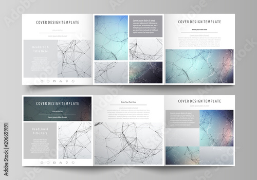 Set of business templates for tri fold square design brochures. Leaflet cover, vector layout. Compounds lines and dots. Big data visualization in minimal style. Graphic communication background.