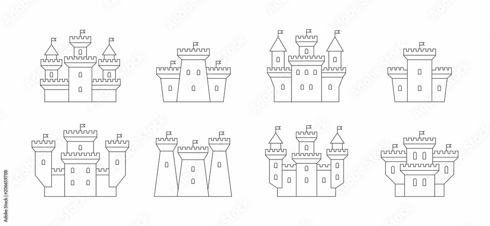 castles and fortresses icons set. thin line style. isolated on white background