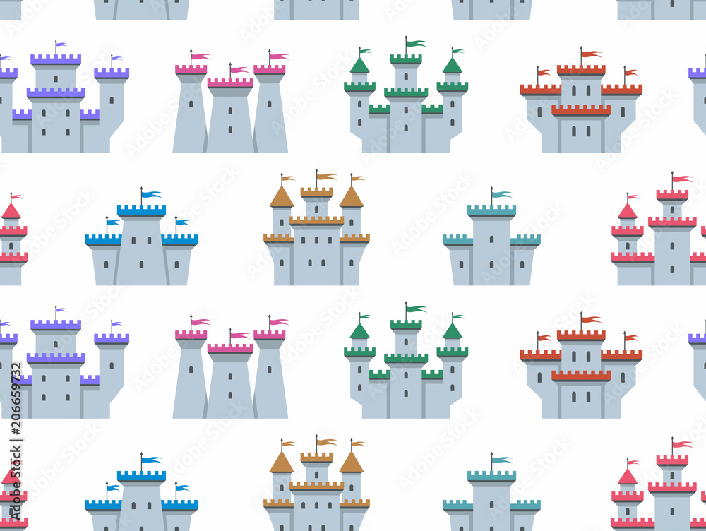 Seamless pattern with Colorful castles and fortresses. flat style. isolated on white background