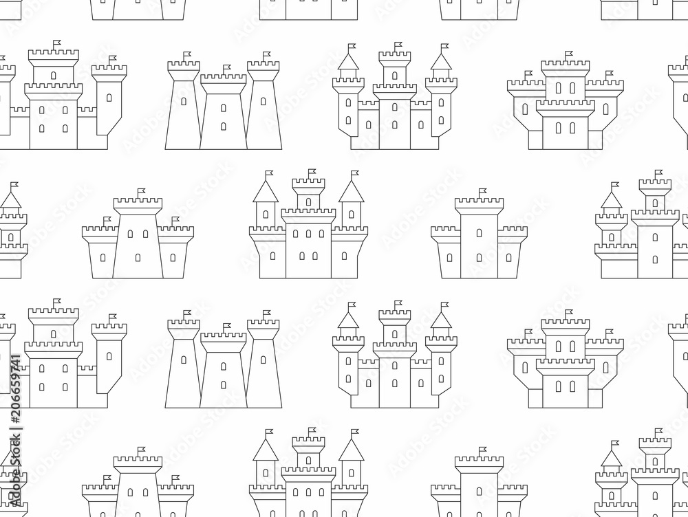Seamless pattern with castles and fortresses. thin line style. isolated on white background