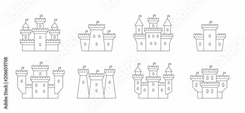 castles and fortresses icons set. thin line style. isolated on white background