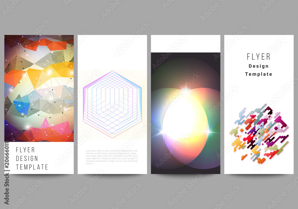 Naklejka premium Abstract vector illustration of the editable layout of four modern vertical banners, flyers design business templates. Abstract colorful geometric backgrounds in minimalistic design to choose from