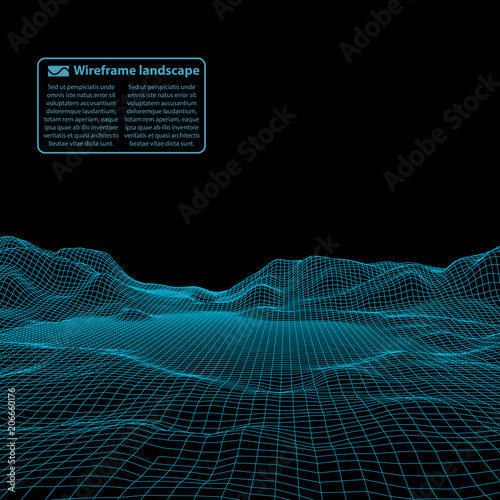 Wireframe landscape wire. Wireframe terrain polygon landscape design. 3d landscape