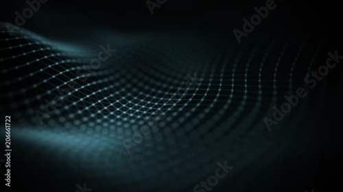 Data technology illustration. Abstract futuristic background. Wave with connecting dots and lines on dark background. Wave of particles.