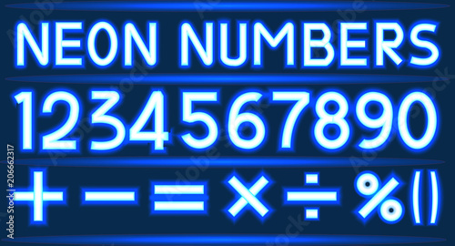Blue neon font: letters,characters and numbers.
