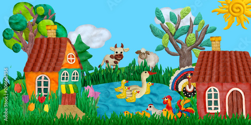 summer village banner with farm animals houses sculptures 