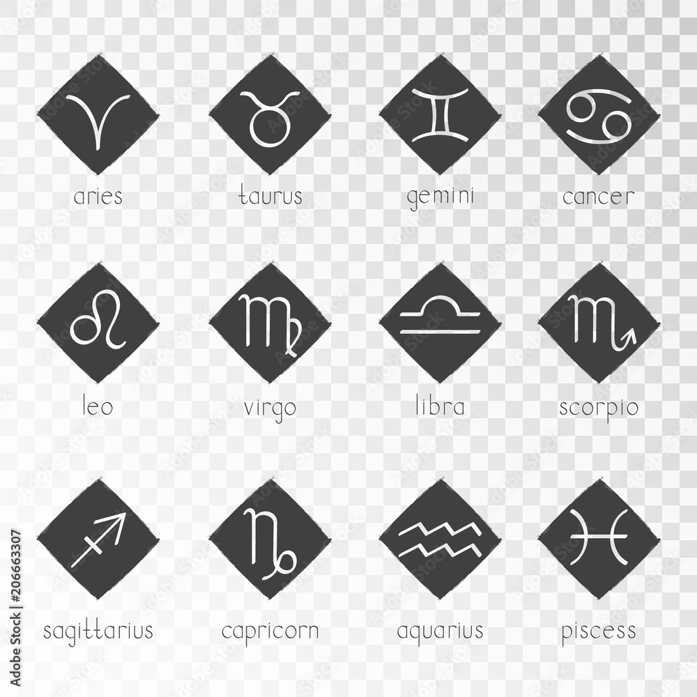 Vector set of zodiac grunge icons on a transparent background. Vector set of zodiac grunge icons on a transparent background.