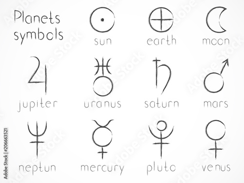 Vector set of astrological planets symbols. Hand drawn elements. Signs collection: sun, earth, moon, saturn, uranus, neptune, jupiter, venus, mars, pluto, mercury. Monochrome.