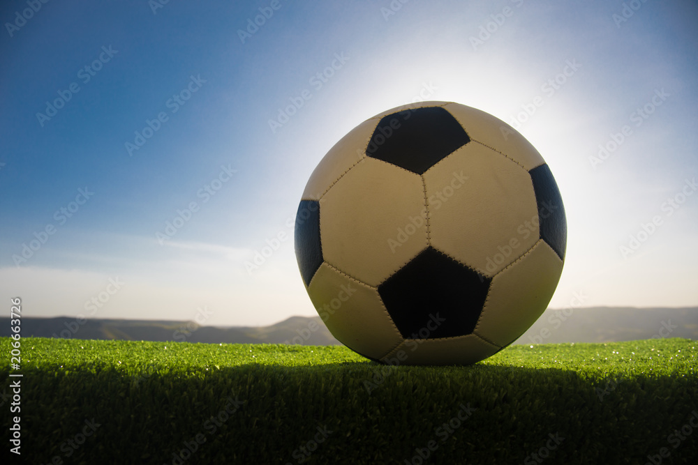 soccer ball on soccer field. Football on green grass. Sunny background