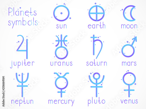 Vector set of astrological planets symbol with imitation 3d effect on white background. Signs collection: sun, earth, moon, saturn, uranus, neptune, jupiter, venus, mars, pluto, mercury.