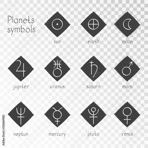 Vector set of grunge icons with astrological planets symbols on a transparent background. Signs collection: sun, earth, moon, saturn, uranus, neptune, jupiter, venus, mars, pluto, mercury. Monochrome.