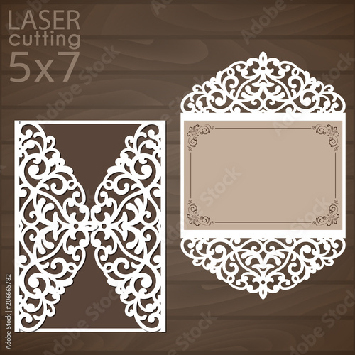 Laser cut wedding invitation template vector. Cutout paper gate fold card for laser cutting or die cutting template. Wedding invitation mockup. Suitable for greeting cards, invitations, menus.