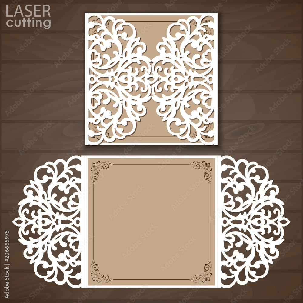 Laser cut wedding invitation template vector. Cutout paper gate fold
