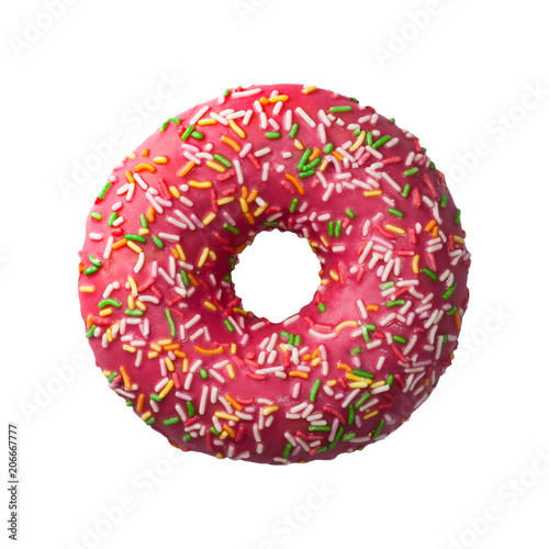 Tasty donut with colorful sprinkles isolated on white background. Top view