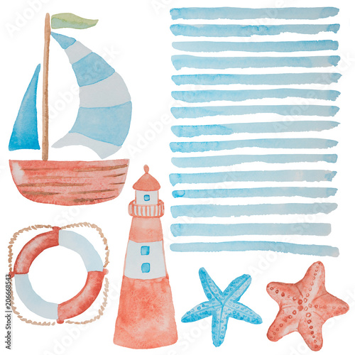 Cool collection of marine elements painted in red and blue watercolor