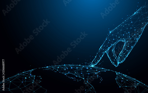 Hand touch global map form lines and triangles, point connecting network on blue background. Illustration vector