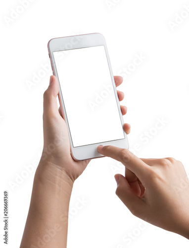 Woman hand holding the White smartphone with blank screen