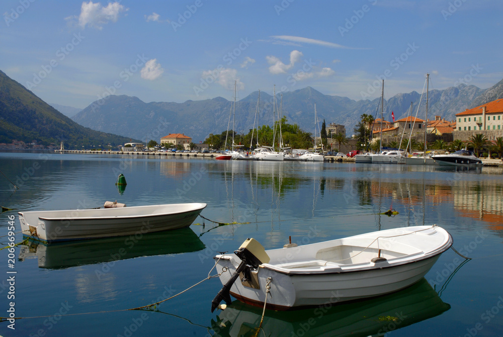 Boats on still water, Kotor harbor, Montenegro