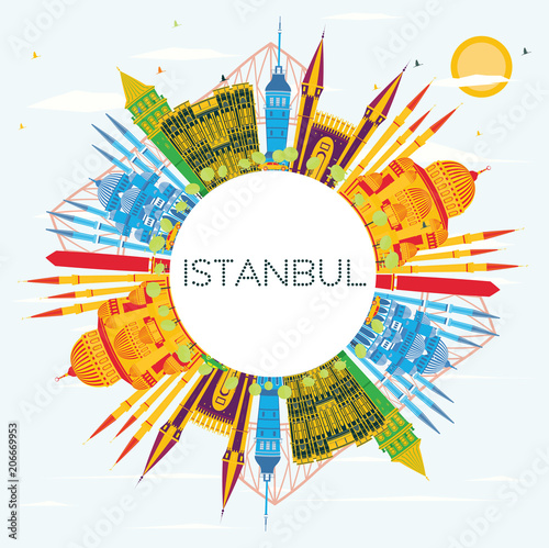 Photography Istanbul Turkey City Skyline with Color Buildings, Blue Sky and Copy Space