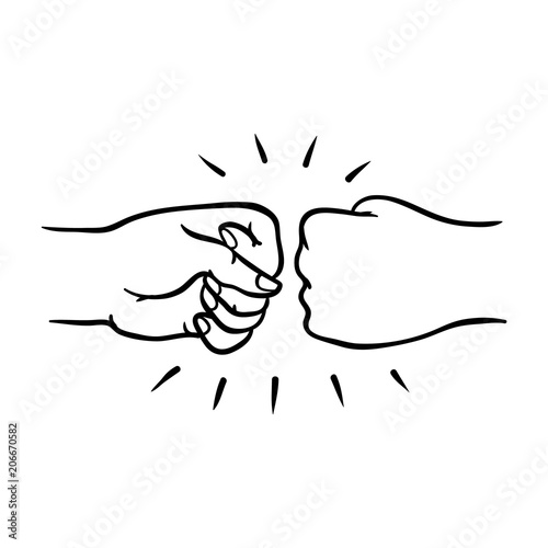 Two human hands giving fist bump gesture in sketch style isolated on white background - hand drawn vector illustration of pair of wrists greeting each other with fist together.
