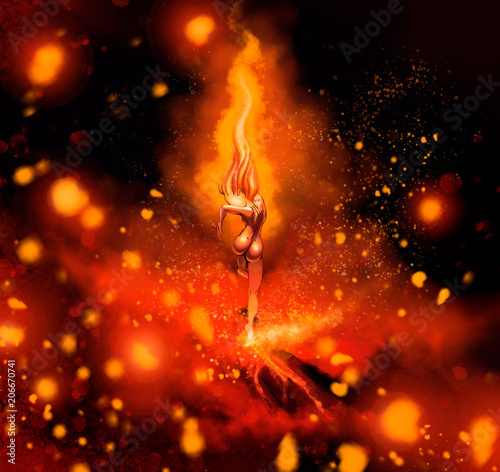 fire spirit escaping from a volcano , dancing furiously