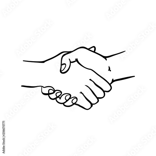 Two human hands shaking symbol in sketch style isolated on white background. Hand drawn black and white greeting or business deal concept with wrists in handshake gesture.