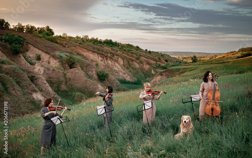 Female musical quartet with three violins and one cello plays on flowering meadow against backdrop of picturesque landscape next to sitting dog. photo