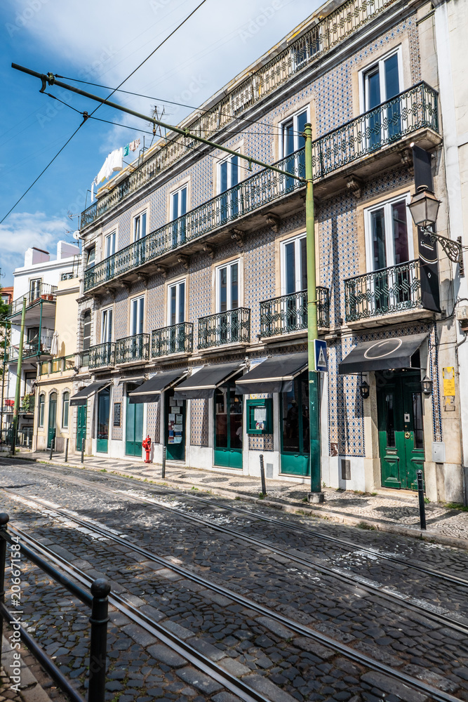 Fototapeta premium Tram railway in the hills of Lisbon