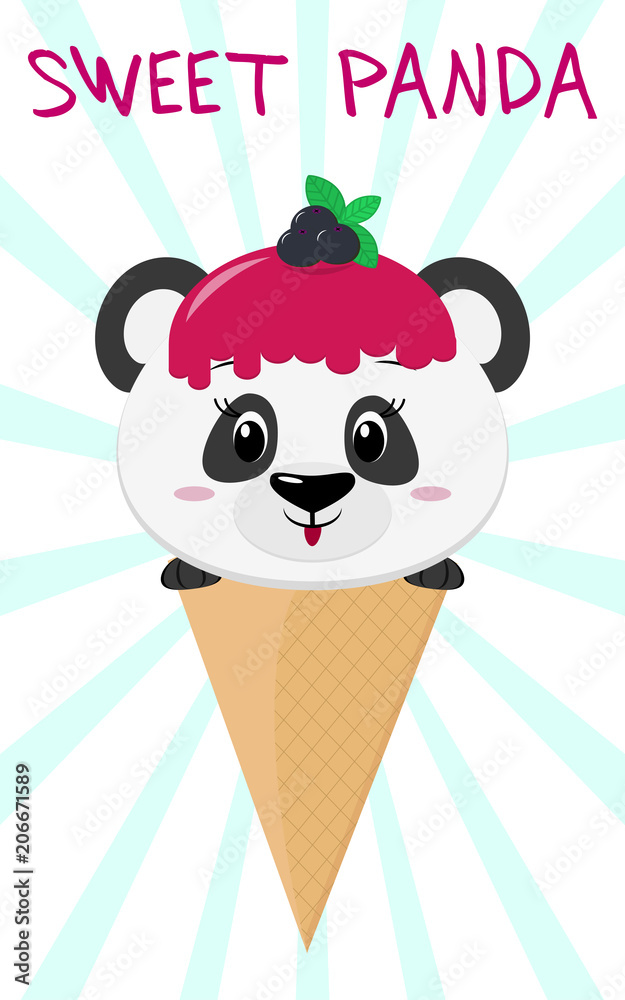 Lindo panda en la imagen de un helado.  Se sienta en un cono de galleta en su cabeza,
