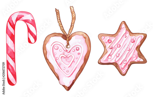Watercolor pink heart shaped six-pointed star ginger biscuit candy cane lollipop isolated vector set