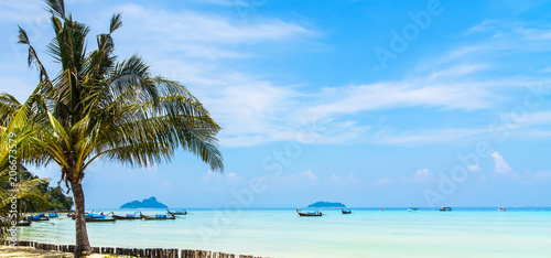 Fototapeta Naklejka Na Ścianę i Meble -  Amazing view of beautiful beach with palm trees, chaises and transparent turquoise water. Location: Ko Phi Phi Don island, Krabi province, Thailand, Andaman Sea. Artistic picture. 