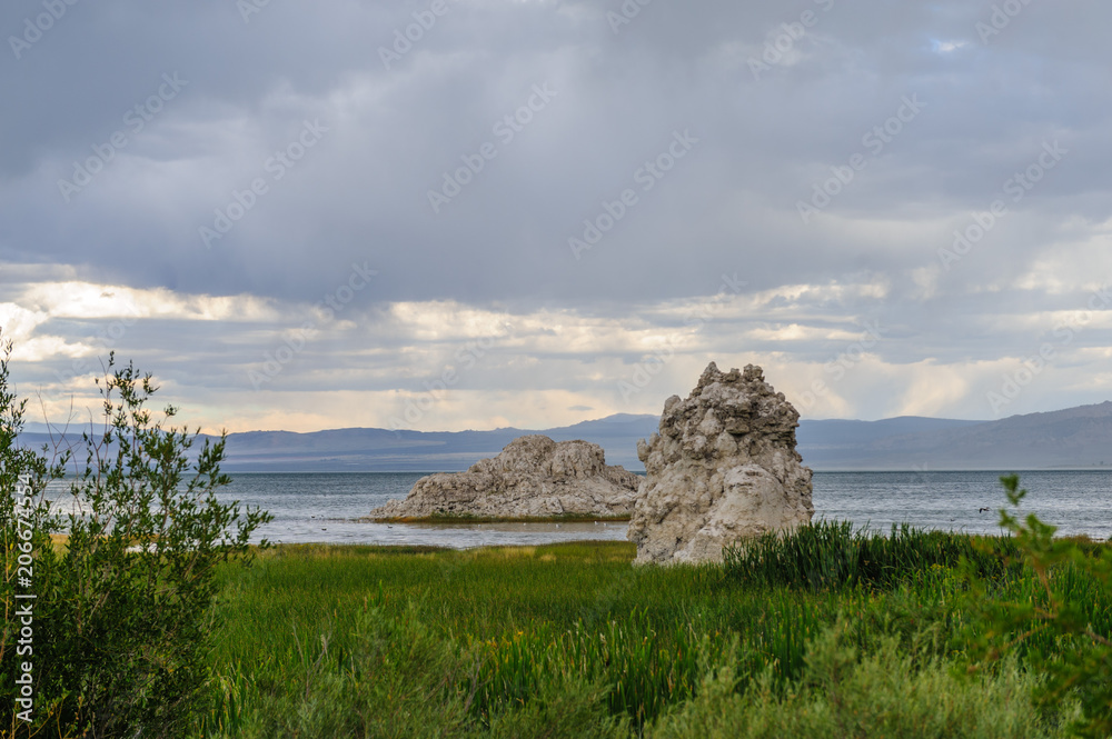 Classic sand stone formations, known as Tufa, higlighted along the coast line of Mono Lake, near the town of Lee Vining, in Eastern California