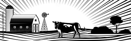 Farm barn with windmill and cow on countryside landscape with hills and fields monochrome silhouette - farmland with rural animal on rows of agricultural plants in vector illustration.