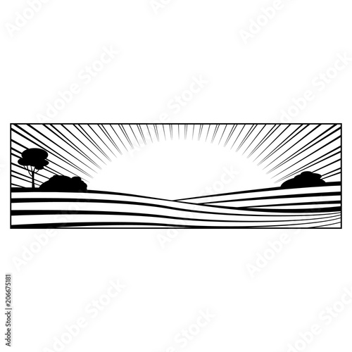 Rural landscape with hills and fields monochrome silhouette isolated on white background - farmland with rows of agricultural plants and trees. Vector illustration of countryside skyline.